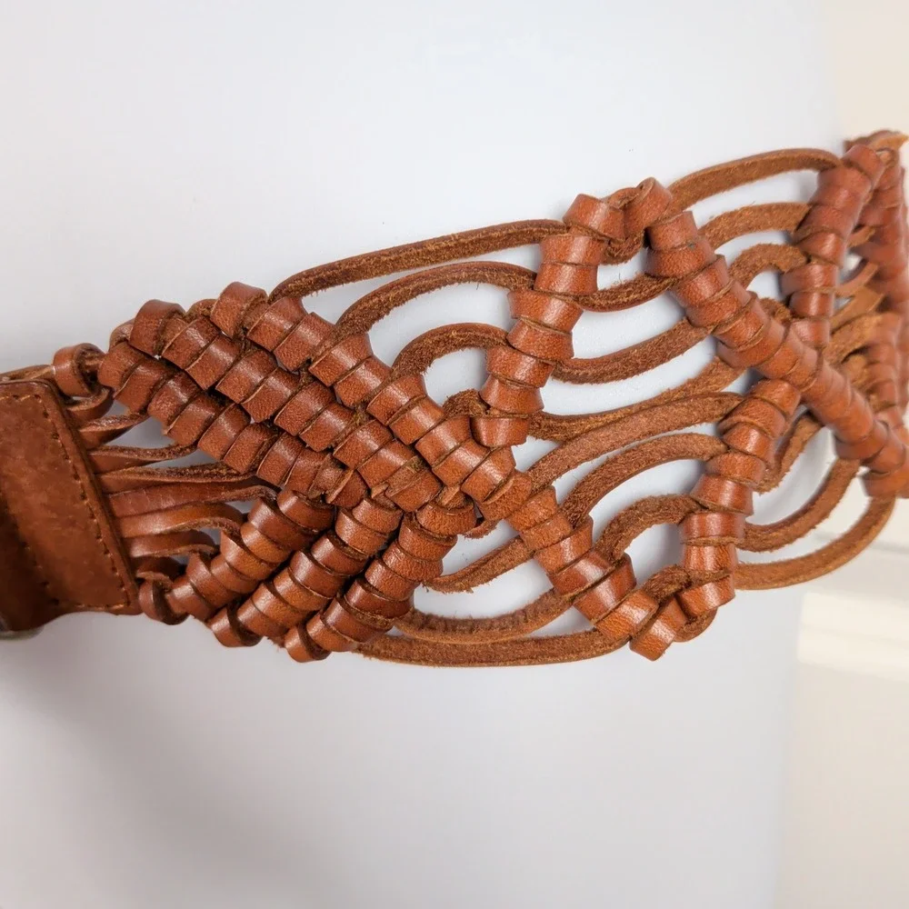 Vintage Y2K Woven Leather Macrame Fringe Belt Brown Boho Western O-Ring 2000s